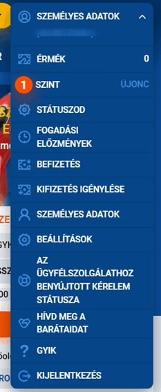 A játékos személyes fiókja